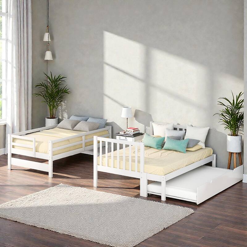 Twin over Full Bunk Bed with Twin Trundle and Storage Staircase, Solid Wood Space-Saving Bunk Frame