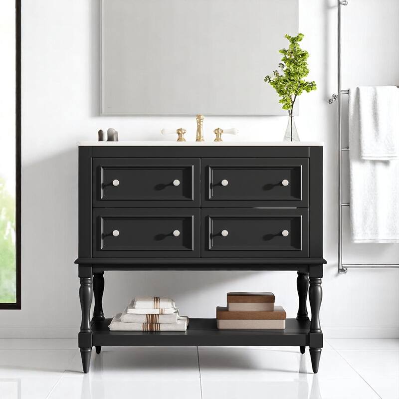 36 Inch Bathroom Vanity Sink Combo, Undermount Ceramic Basin, MDF and Solid Wood Cabinet with 4 Storage Drawers - Black