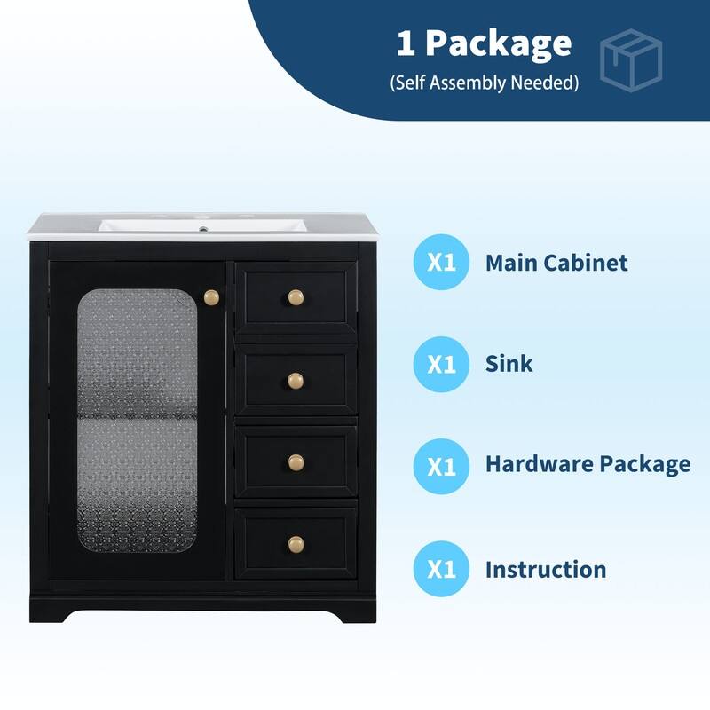 30''/36'' Bathroom Vanity with Sink, 3 Drawers Bathroom Storage Cabinet with Soft-Close Glass Door and Adjustable Shelf