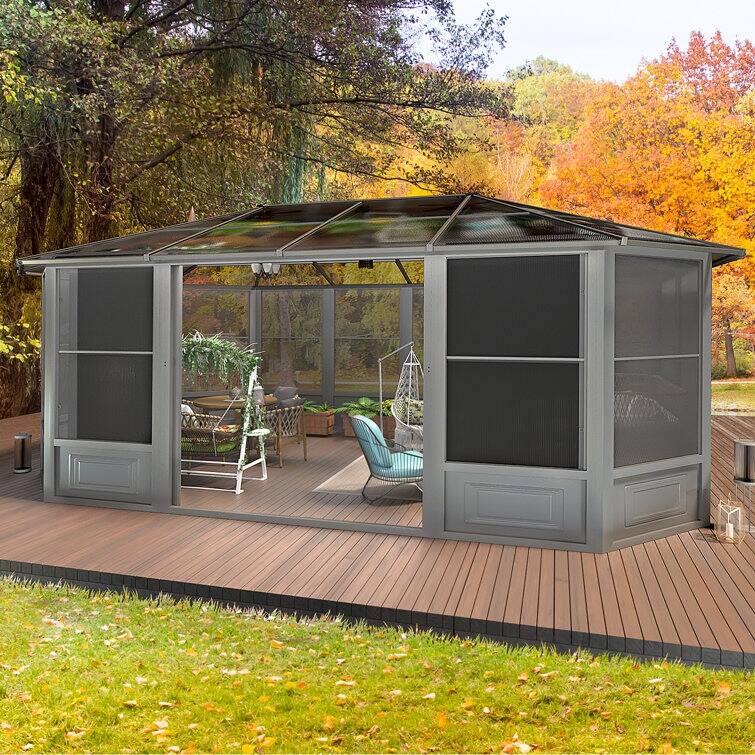 Erommy Outdoor Solarium Sunroom, Patio Hardtop Gazebo, Aluminum Frame Permanent Gazebo with Sliding Doors and Screens