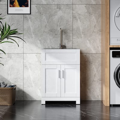 24in White Paint Free Laundry Tub Cabinet with Stainless Steel Combo