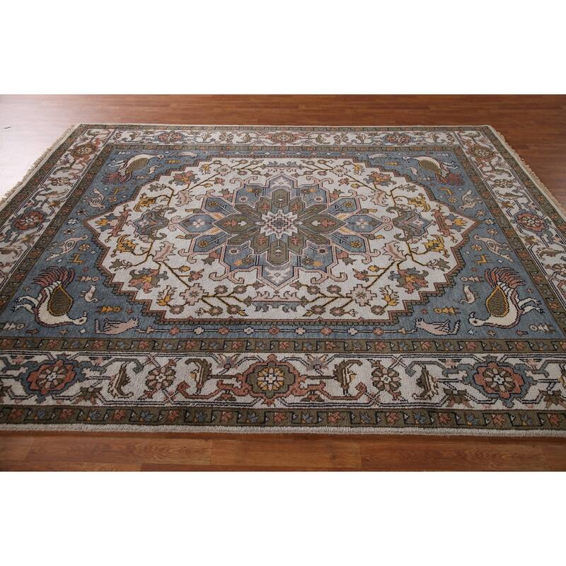 Animal Pictorial Heriz Serapi Indian Area Rug Handmade Wool Carpet - 7'10"x 9'7"