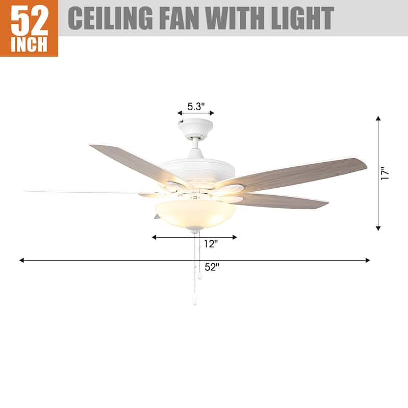52" Coastal White Frosted Glass Ceiling Fan with Light and Pull Chain - Satin white