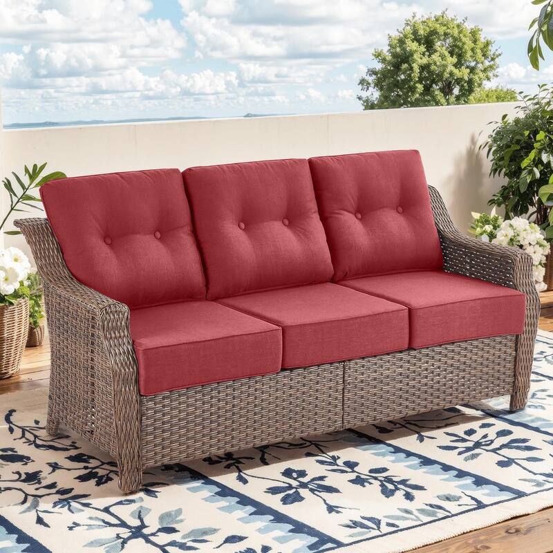 Outdoor Wicker Rattan Sofa Set for Garden - Brown Wicker & Red Cushion - 3-Seat Sofa