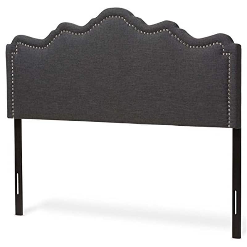 Dark Grey Fabric Upholstered Queen Size Headboard with Curved Design and Adjustable Wood Posts