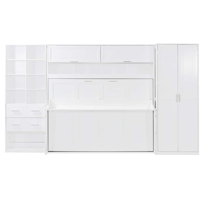 Full Size Murphy Bed Wall Bed with Closet , Drawers and Shelves, White