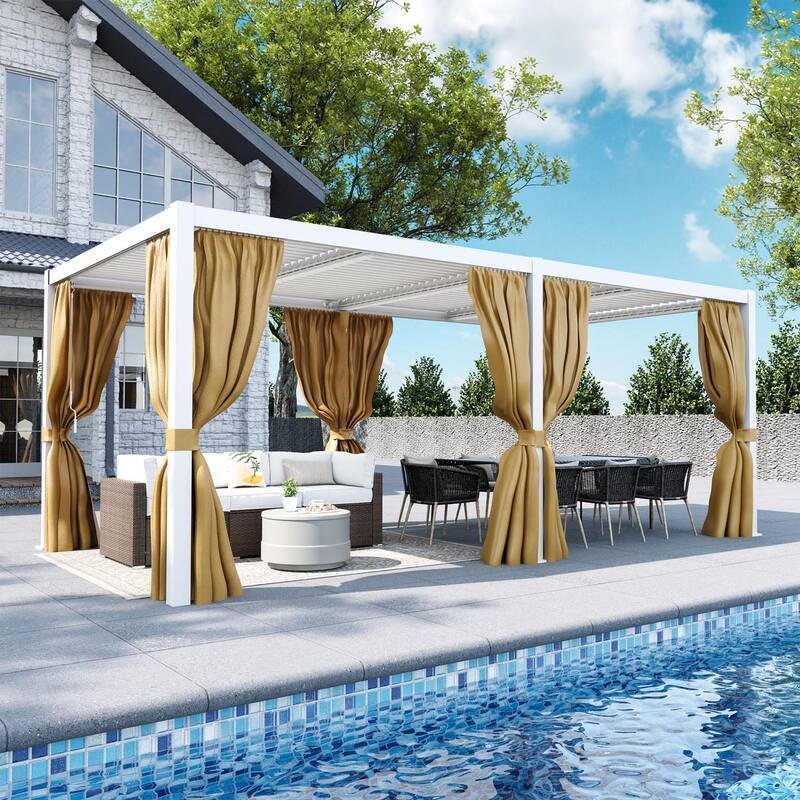 COSIEST 10'x20' Hardtop Pergola with Adjustable Roof, Netting & Curtains