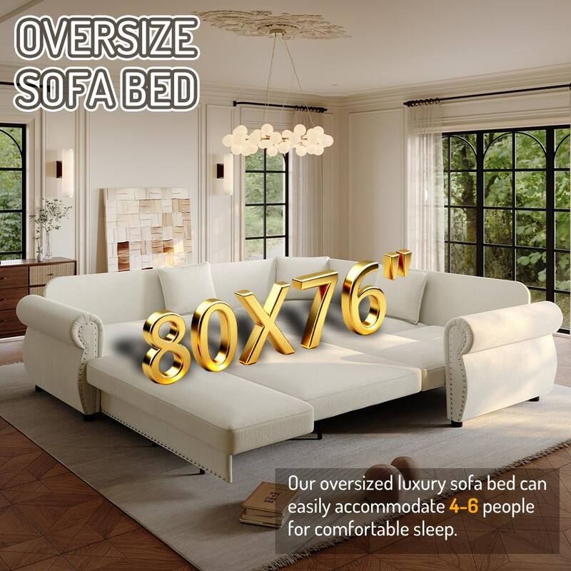 88.2" L-Shaped Sleeper Sectional Sofa with Pull-Out Bed - Chenille Convertible Couch, Nailhead Trim, for Living Room