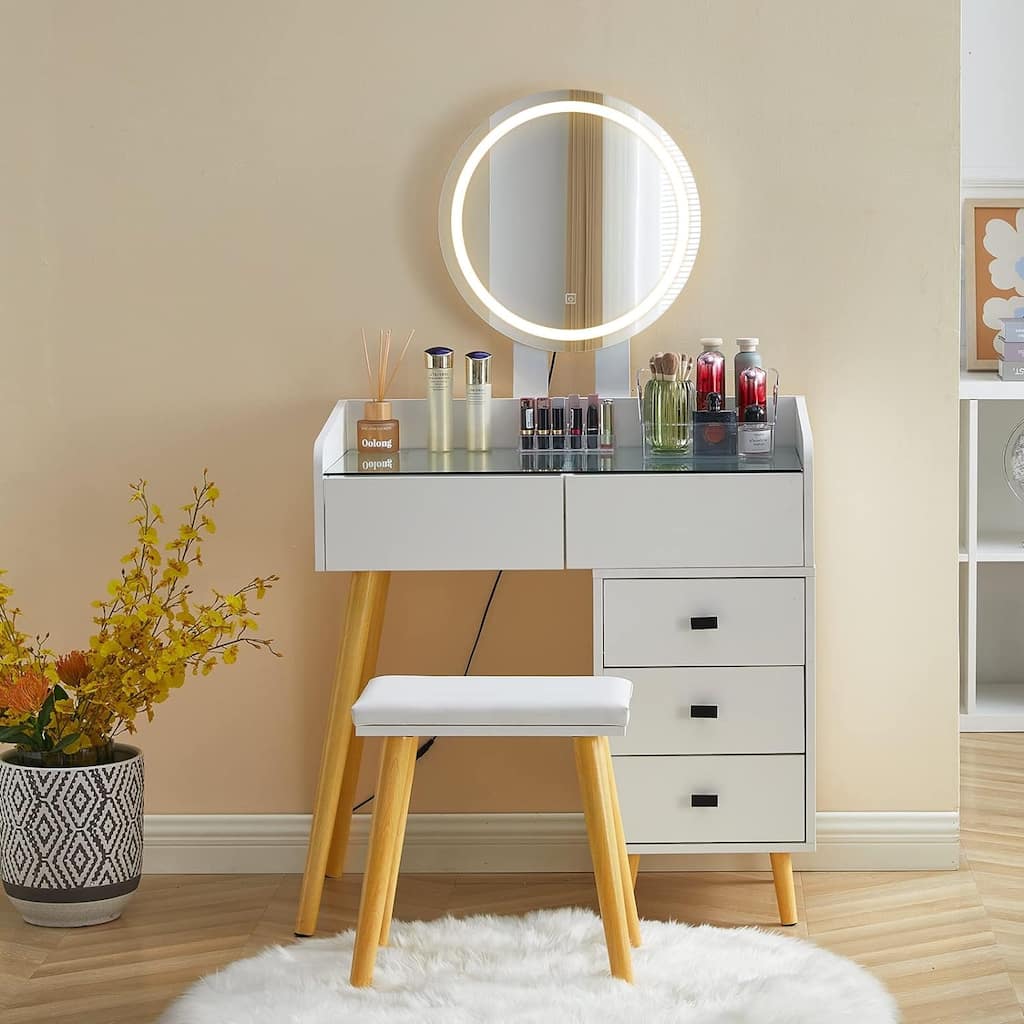 Dressing Table with LED Lights Glass Top Table with Extendable Side Table 5 Drawers Dressing Table with Mirror and Stool