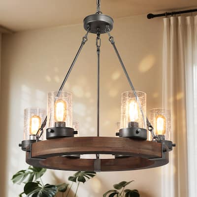 Carbon Loft Farmhouse 6-Light Wagon Wheel Wood Chandelier for Dining Room