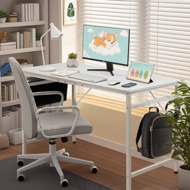 47.2” Computer Desk for Home Office - Study Writing Desk with Storage, Side Hooks & Adjustable Feet