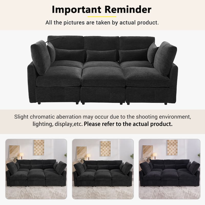 Modular Sectional Sofa with Movable Ottoman Convertible L-Shape or U-Shape Sofa Bed Built-in USB Charging Ports and Phone Holder