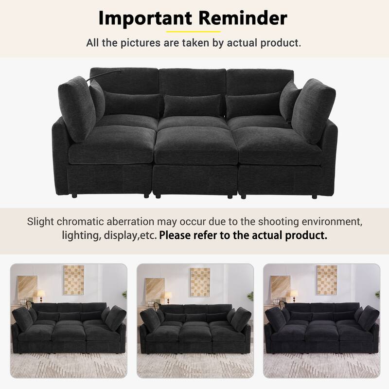 U Shaped Modular Sectional Sofa with Movable Ottoman, Chenille Upholstered 5-Seater Sofa with 2 USB Ports & Phone Holder