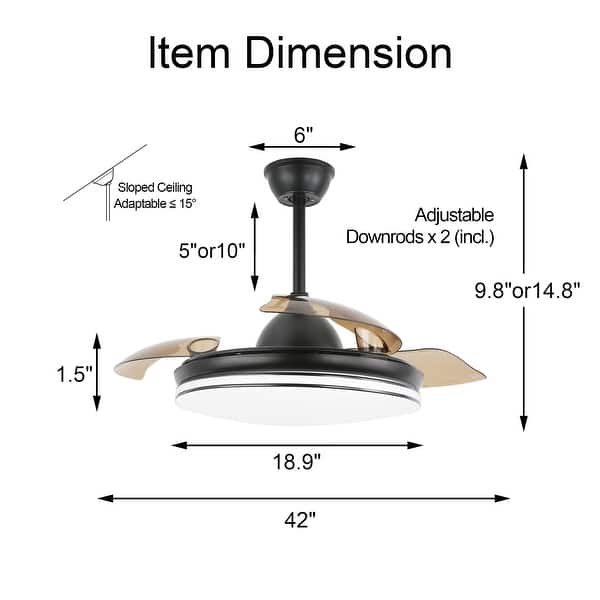 Belladepot 42" Ceiling Fan with Retractable Blades, 36W LED Light and