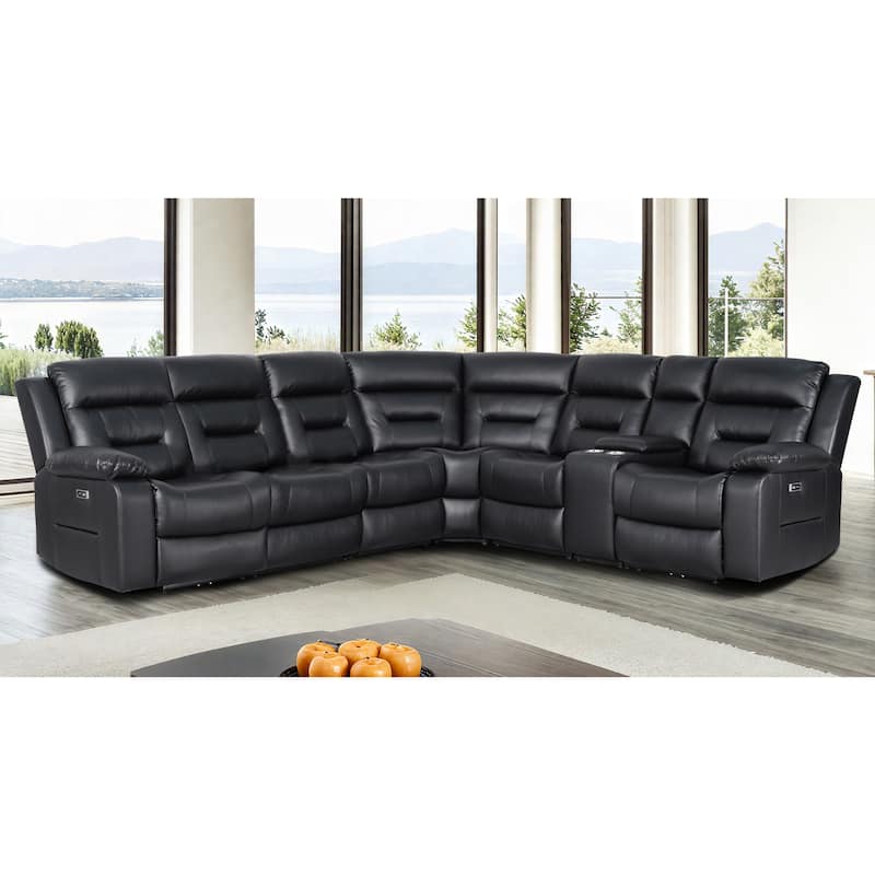 119'' Faux Leather Power Recliner 6-Seat Large Sectional Reclining Sofa with USB Port - Black(6St+1Console)