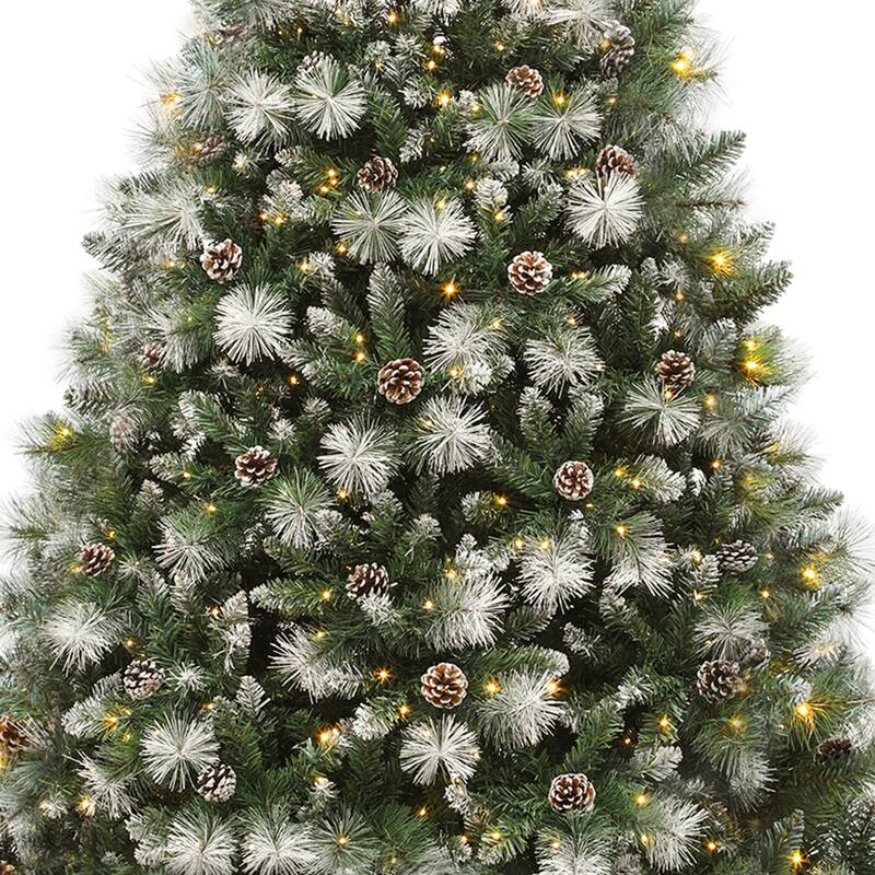 4.5/6ft Prelit & Pre-Decorated Scotch Pine Christmas Tree with Remote Control, Frosted Christmas Tree with Pine-Cones & Needles