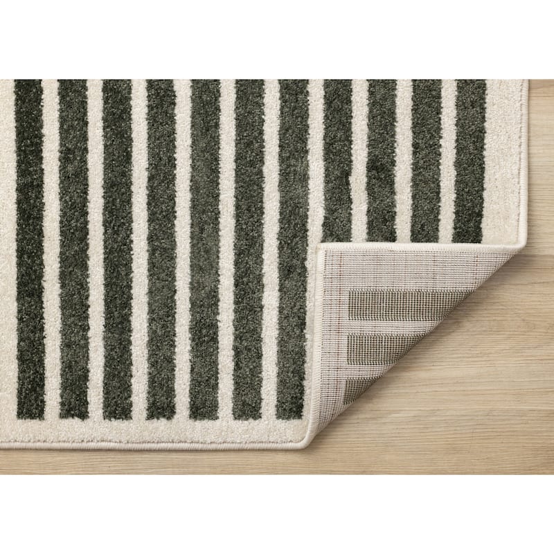 Green Black White Modern Striped High-Traffic Area Rug