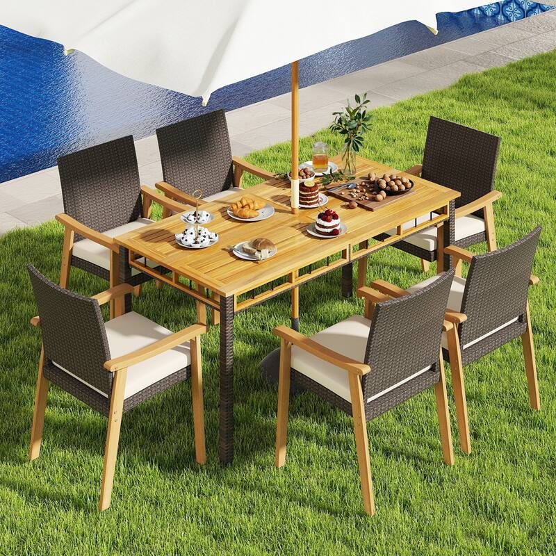 Gymax Patio Dining Chair 2 PCS w/Cushion Wood Armrests Metal Frame for