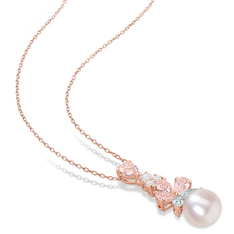 Miadora Morganite White Topaz Aquamarine and Freshwater Cultured Pearl Pendant with Chain Pink Silver 18KP Micron Plated