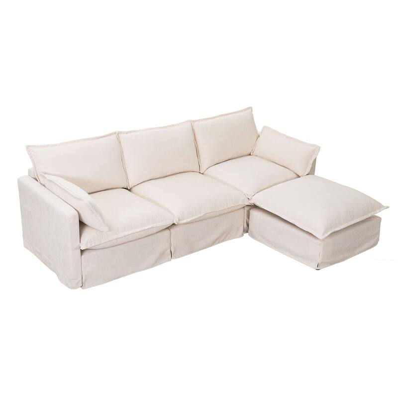 93.31" Linen Modular Sectional Sofa with Movable Ottoman, Solid Wood Frame, and High-Resilience Foam Cushions