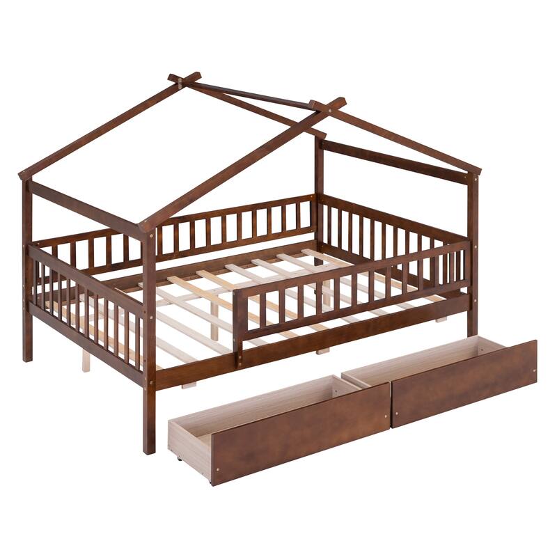 Playhouse Bed with Fence & Roof for Kids, Teens, Boys or Girls, Wooden Storage Bed Frame with Two Drawers, No Box Spring Needed