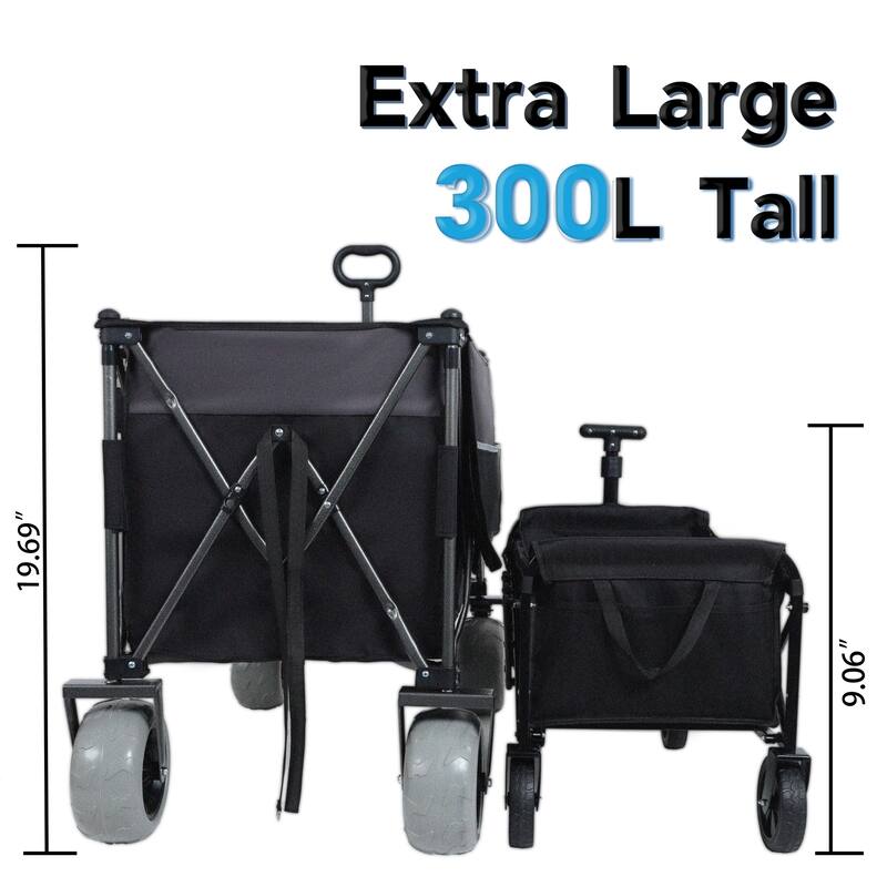 300L XL Heavy-Duty Folding Wagon Cart w/ Brakes,Pockets,Cup Holders
