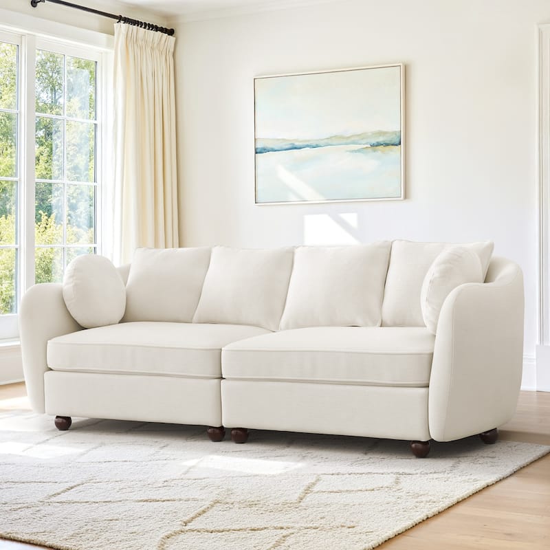 90.6" Chenille Upholstered Sofa with 6 Pillows, Modern 3-Seater Sofa Couch for Living Room Bedroom Apartment, White - Beige