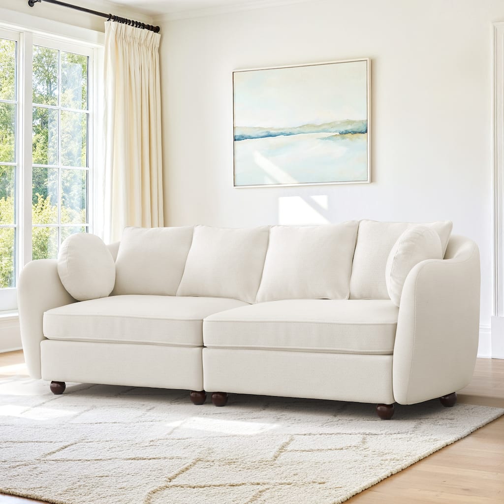 90.6" Chenille Upholstered Sofa with 6 Pillows, Modern 3-Seater Sofa Couch for Living Room Bedroom Apartment, White