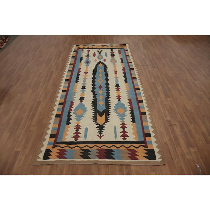 Hand Woven Oriental 100% Wool Carpet Southwestern Tribal Beige & Ivories Kilim Area Rug - 11' 10'' X 5' 2''