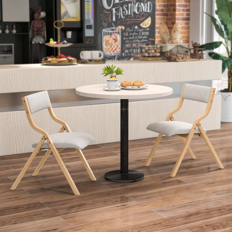 2PCS Folding Dining Chair Wooden Upholstered Linen Fabric Padded Seat