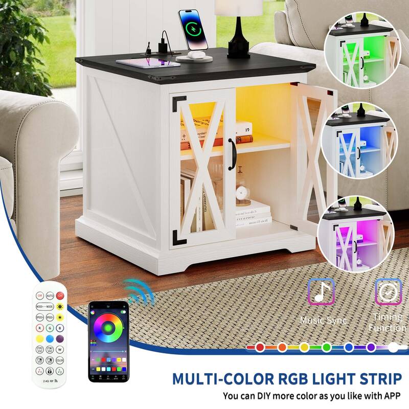Moasis End Table with Charging Station, Farmhouse Side Table with Storage and Shelves