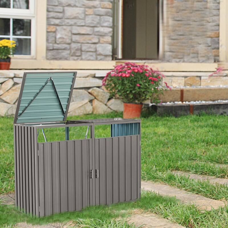 Garbage Bin Shed Stores 2 Trash Cans Metal Outdoor Bin Shed for Garbage Storage,Stainless Galvanized Steel - Grey