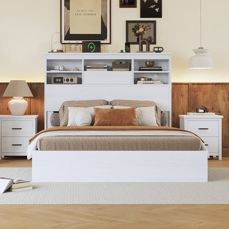 Queen MDF Platform Bed with USB Ports & Compartment Headboard
