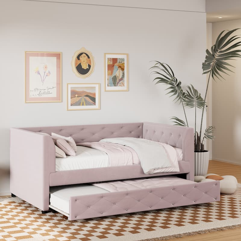 Twin Velvet Tufted Daybed with Trundle & Storage - 400LB Capacity
