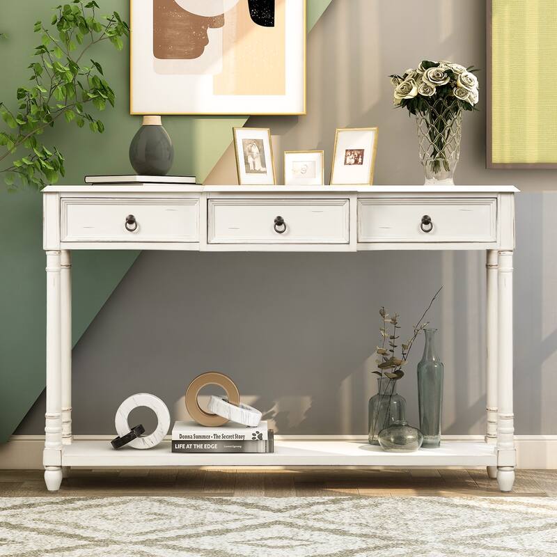Nestfair Solid Wood Console Table with 3 Drawers and Shelf