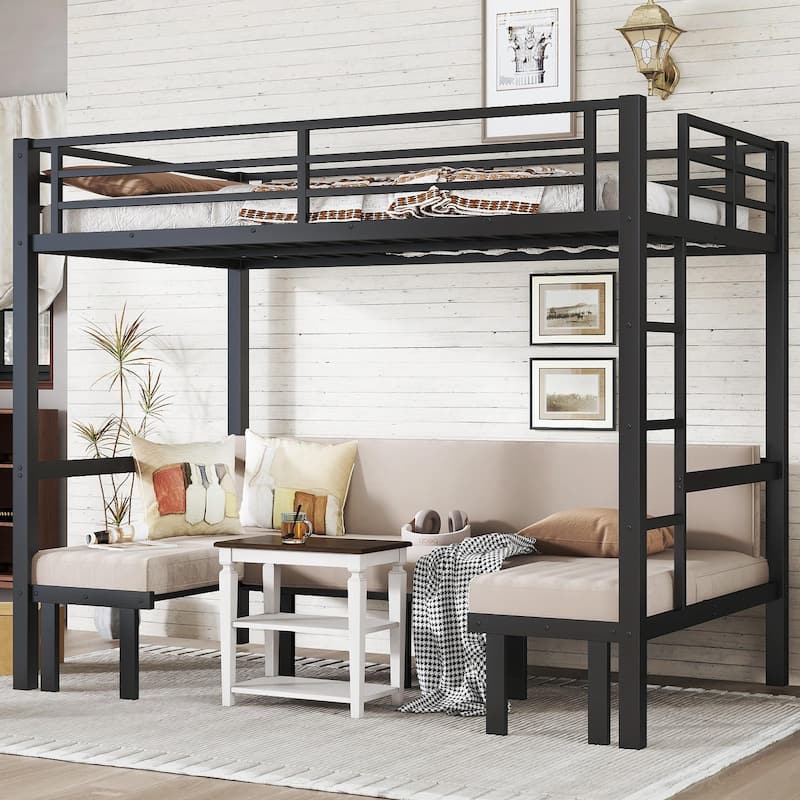 Pull-Out Bunk Bed with Three-Section Lower Bunk and Safety Rails on Top Bunk - Black - Full over Full