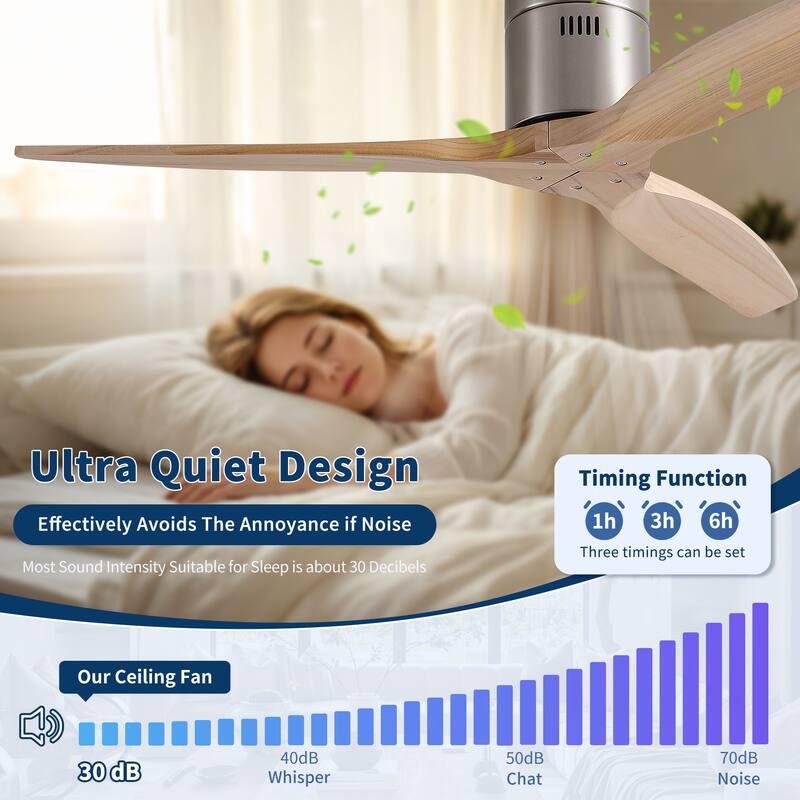 52"Mordern Rustic Elegance Solid Wood Blades Low Profile Flush Mount Ceiling Fan without Light