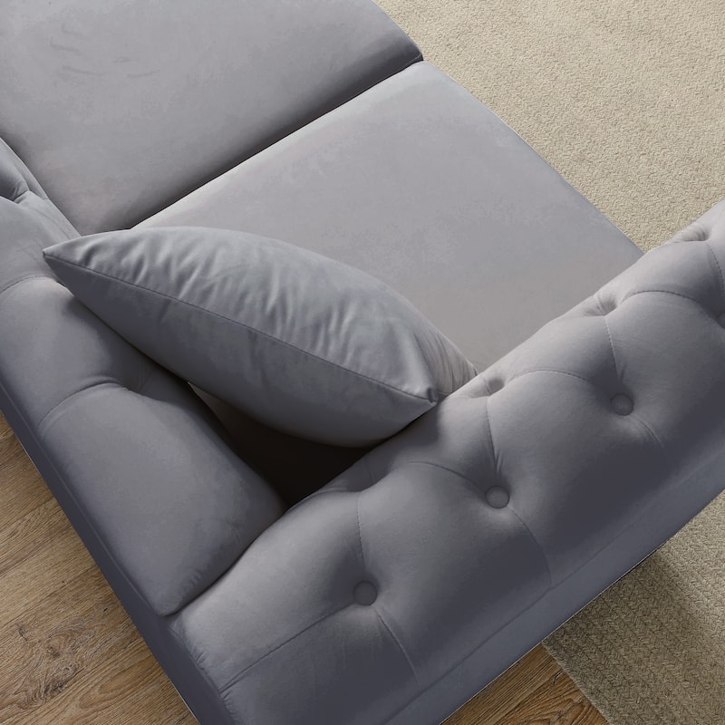 Velvet Upholstered 3 Seater Sofa, Button Tufted Sofa with 2 Pillows, Lounge Sofa with Rolled Arms & Nailhead Trim