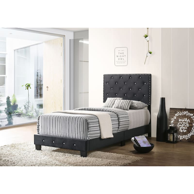 Suffolk Velvet Upholstered Jewel Accent Tufted Nailhead Panel Bed - Black - Twin