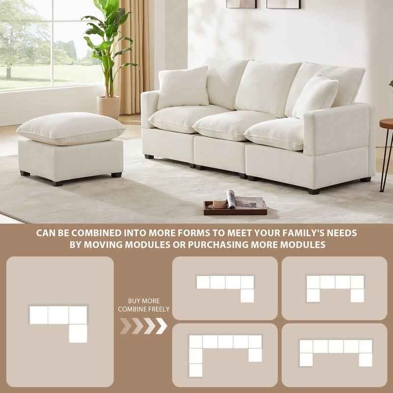 84" Modern Chenille Living Room Sofa,3 Seater Sectional Couch with 2 Pillows and Ottoman