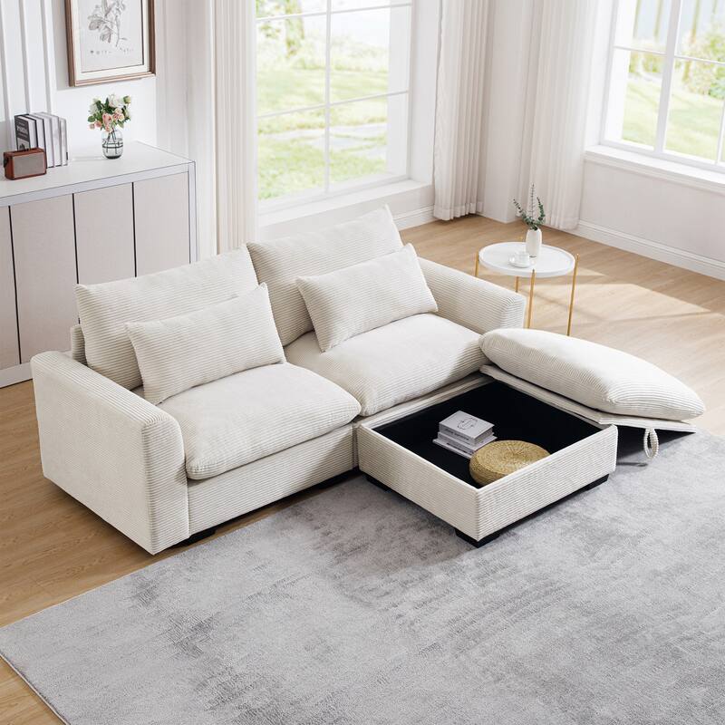 Multifunctional Loveseat Set with Storage Ottoman, Modern Sectional Sofa Corduroy Upholstered Couch with Pillows