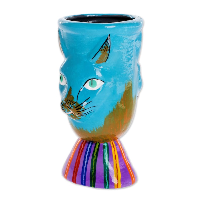 Novica Handmade Top Cat In Turquoise Ceramic Flower Pot
