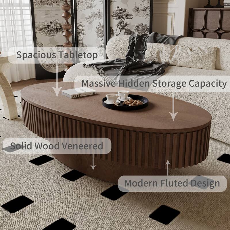 Oval Coffee Table with Storage, Solid Wood Veneered Coffee Table, Modern 47'' Accent Tea Table for Living Room