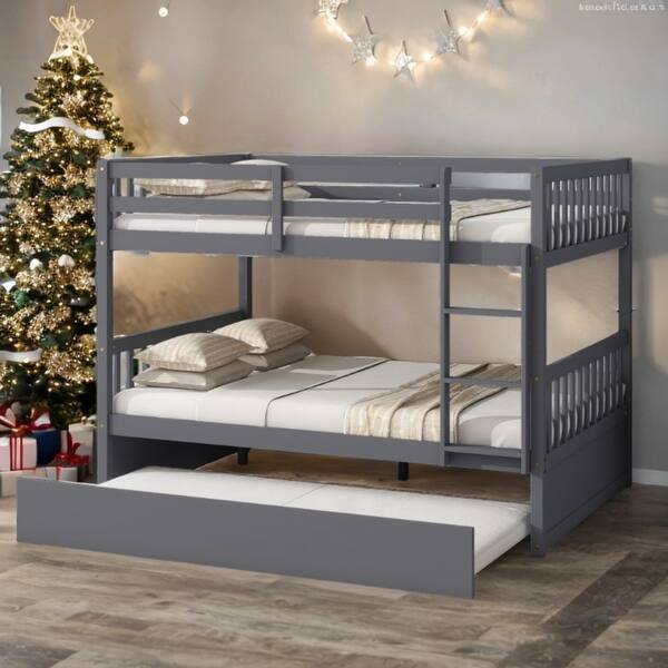 slide 2 of 12, Dark Grey Full Over Full Rubber Wood Bunk Bed with Trundle and Guardrails and Ladder Dark Grey