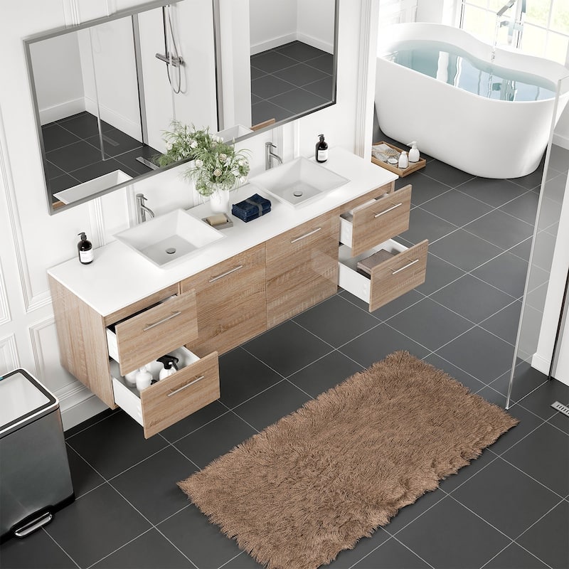 Luxy 72" White Oak Double Vessel Sink Bath Vanity with Quartz Top