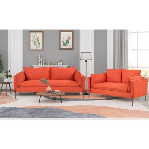 2-Piece Linen Fabric Sofa Sets with USB Charging Ports, Morden Upholstered 3 Seat Sofa & Loveseat for Living Room, Apartment