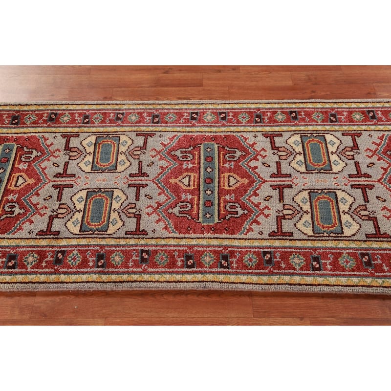 Hand Knotted Oriental 100% Wool Carpet Traditional Geometric Greys & Charcoal Heriz (serapi) Runner Rug - 7' 10'' X 2' 7''