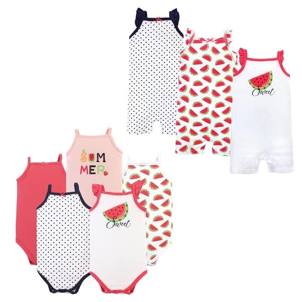 slide 1 of 1, Hudson Baby Infant Girl Cotton Bodysuits and Rompers, 8-Piece, Watermelon 0 - 3 Months - Red