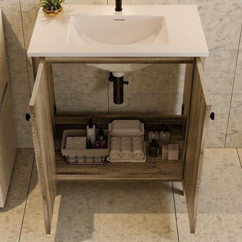 30 Inch Folding Bathroom Floor Cabinet with Ceramic Sink, 1-Minute Tool-Free Install, Space-Saving Freestanding Vanity