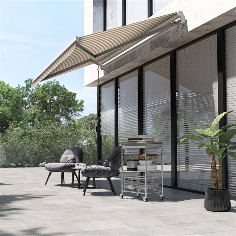 Beige White Aluminum Steel Retractable Patio Awning with Water-Resistant Fabric and Crank Handle - 141.7 x 96.5 x 59.1 in